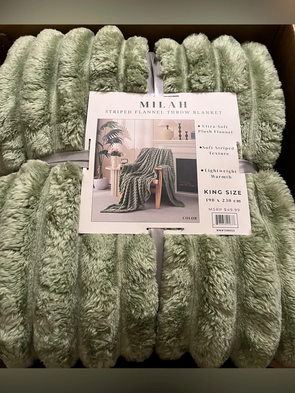 Plush Striped Flannel Throw Blanket - Sage Green (King)